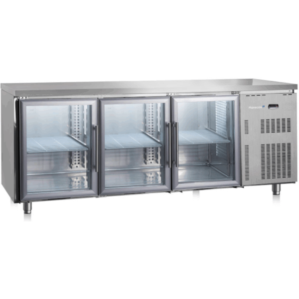 De koelwerkbank Gastro-Inox 222.067 heeft 3 glazen deuren met een afmeting van 2000(b)x700(d)x850(h)mm