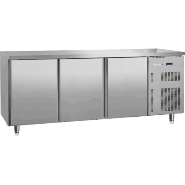 Koelwerkbank Gastro-Inox 222.075 heeft 3 deuren en een afmeitng van 2500(b)x700(d)x850(h)mm