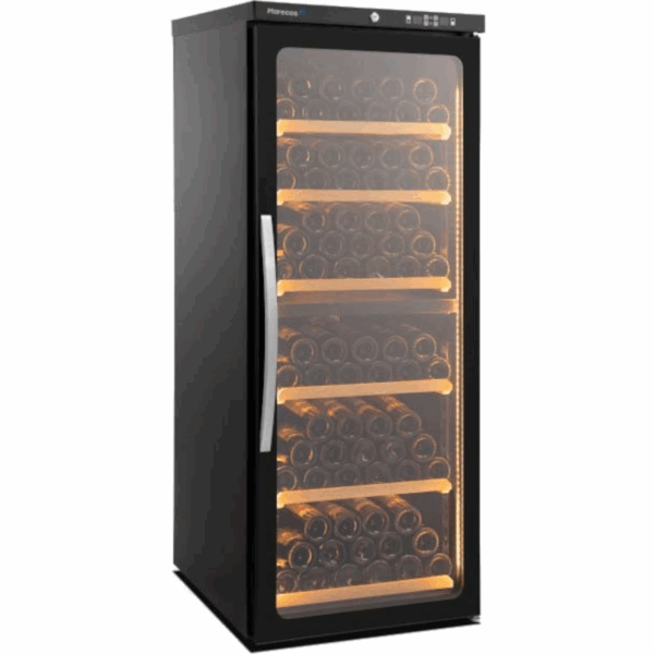 Wijnkoelkast Gastro-Inox 222.051 heeft ruimte voor 125 flessen en heeft een afmeting van 600 (b) x 700 (d) x 1510 (h).